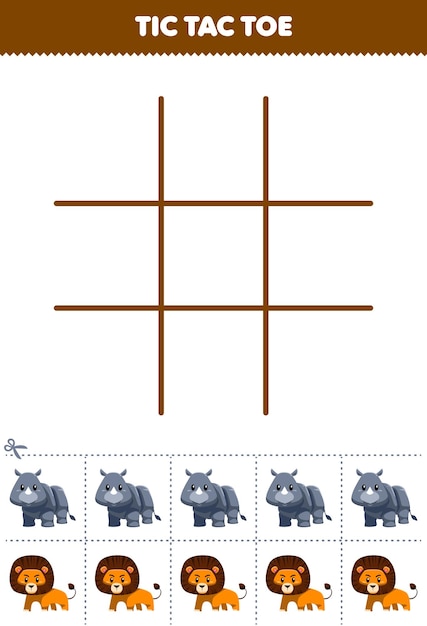 Education game for children tic tac toe set with cute cartoon rhino and lion picture printable animal worksheet