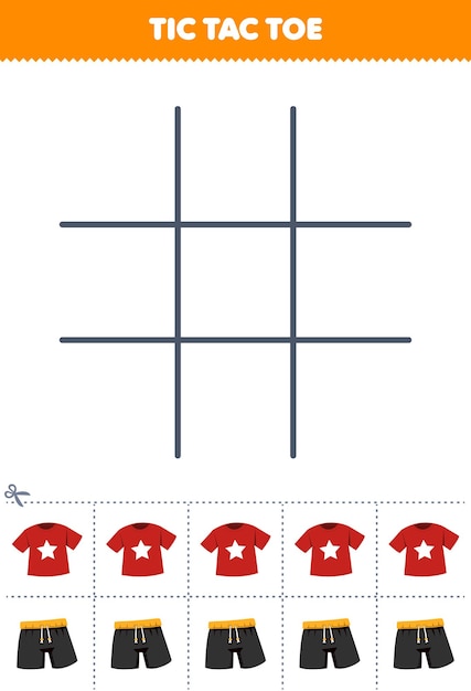 Education game for children tic tac toe set with cute cartoon t shirt and pant picture printable wearable clothes worksheet