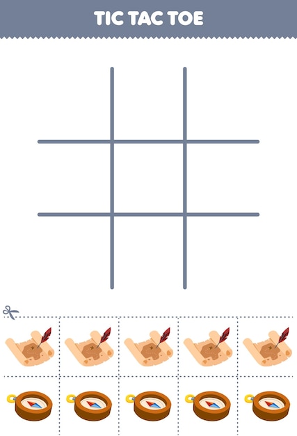 子供向け教育ゲーム三目並べセット、かわいい漫画の宝の地図とコンパス画像の印刷可能な海賊ワークシート