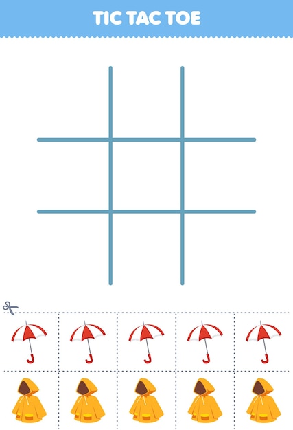 Education game for children tic tac toe set with cute cartoon umbrella and raincoat picture printable wearable clothes worksheet