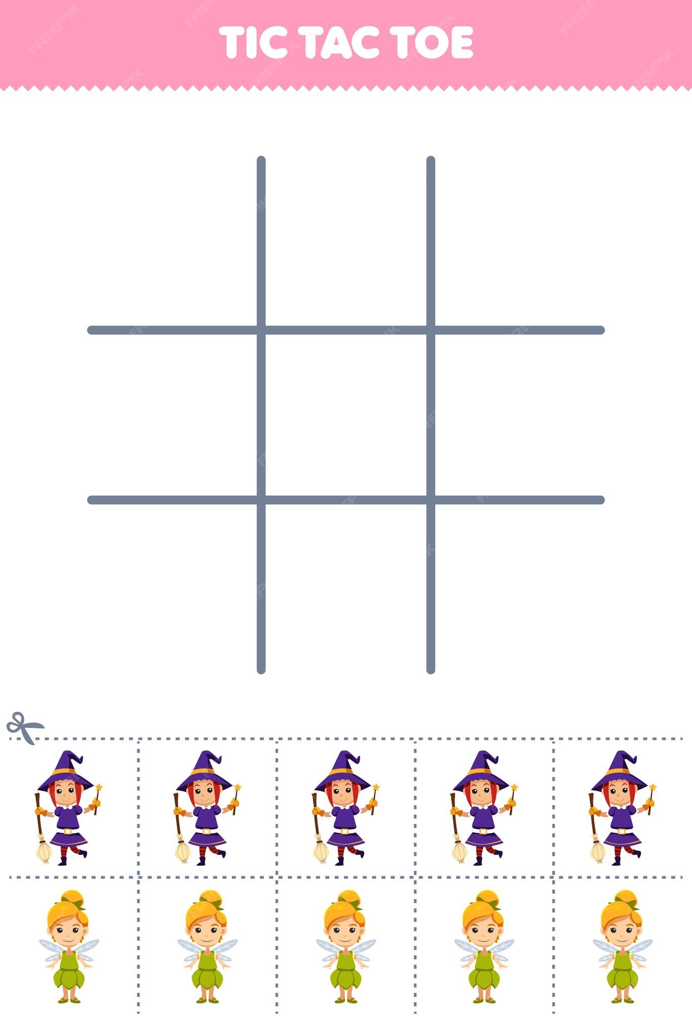 Premium Vector  Education game for children tic tac toe set with cute  cartoon wizard hat and cauldron picture printable halloween worksheet