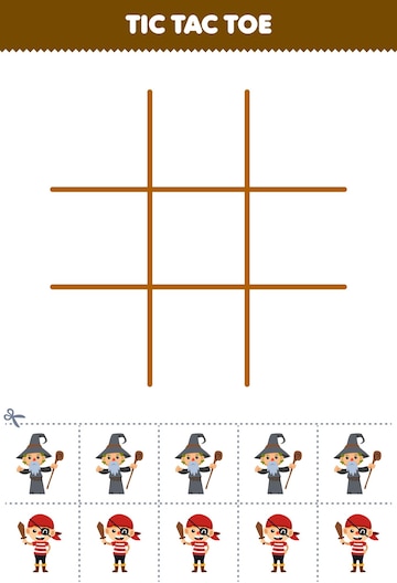 Premium Vector  Education game for children tic tac toe set with cute  cartoon wizard hat and cauldron picture printable halloween worksheet