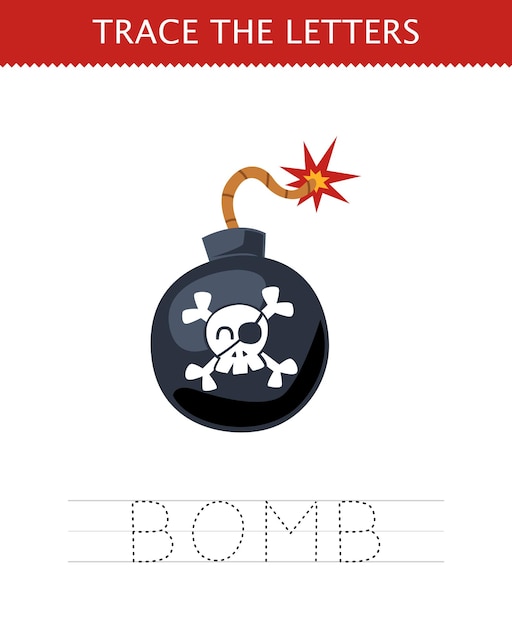 Education game for children trace the letter of cute cartoon bomb printable pirate worksheet