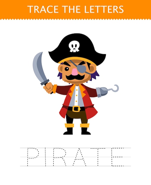 Education game for children trace the letter of cute cartoon pirate captain printable pirate worksheet