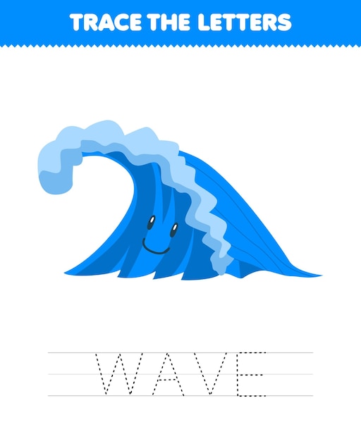 Education game for children trace the letter of cute cartoon wave printable nature worksheet