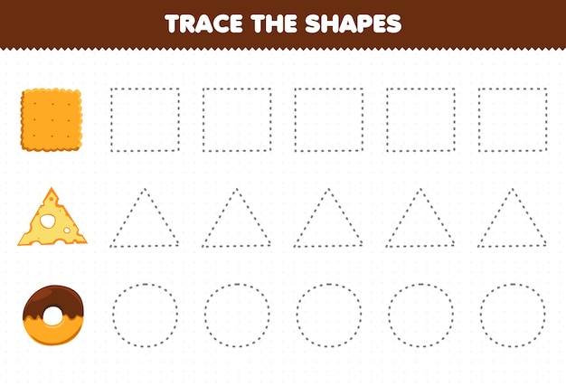 Education game for children trace the shapes square biscuit triangle cheese slice circle donut printable worksheet