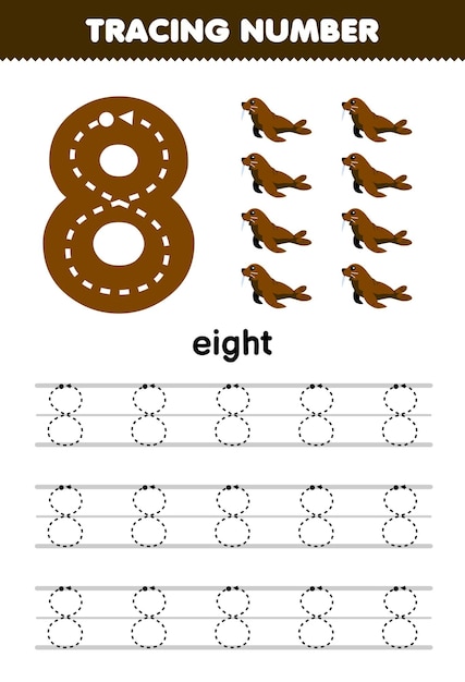 Education game for children tracing number eight with cute cartoon walrus picture printable underwater worksheet