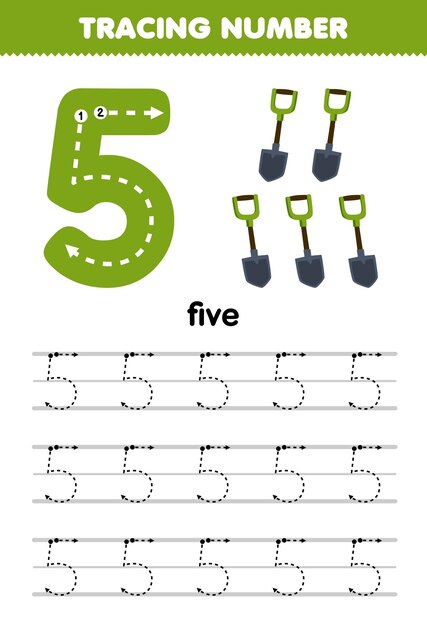 Gioco educativo per bambini che traccia il numero cinque con il foglio di lavoro dello strumento stampabile con l'immagine della pala