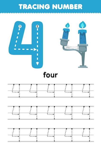 Education game for children tracing number four with halloween theme blue candles printable worksheet