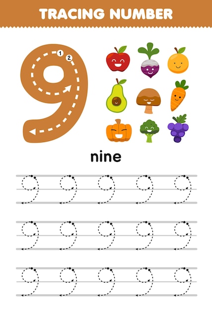 Education game for children tracing number nine with cute cartoon fruit and vegetable picture printable nature worksheet