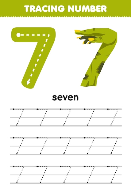 Education game for children tracing number seven with halloween theme green hand zombie printable worksheet