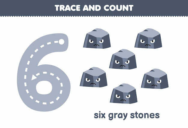 Education game for children tracing number six and counting of cute cartoon stone printable nature worksheet