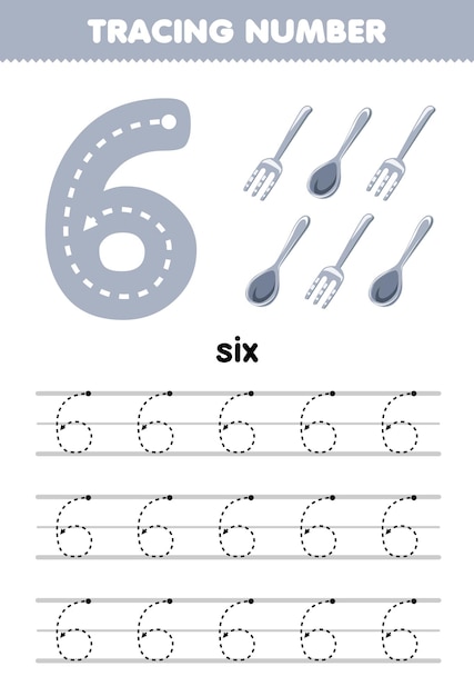 Education game for children tracing number six with gray fork and spoon picture printable tool worksheet