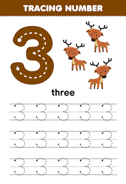 Образовательная игра для детей, отслеживающая цифру три с милым мультяшным изображением оленя, лист для печати с изображением животных