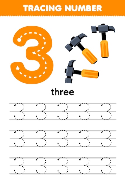 Vector education game for children tracing number three with yellow hammer picture printable tool worksheet