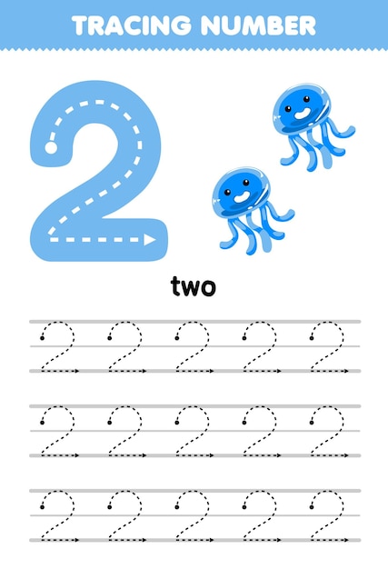 Education game for children tracing number two with cute cartoon jellyfish picture printable animal worksheet