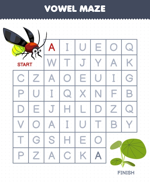 Education game for children vowel maze help cute cartoon firefly move to plant printable bug worksheet