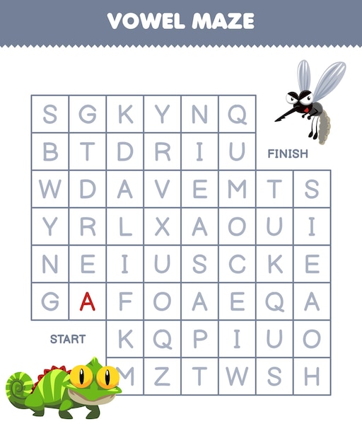 Education game for children vowel maze help cute cartoon iguana move to mosquito printable animal worksheet