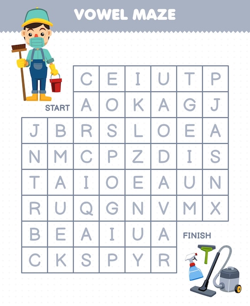 Education game for children vowel maze help cute cartoon janitor move to sprayer squeegee vacuum cleaner printable tool worksheet