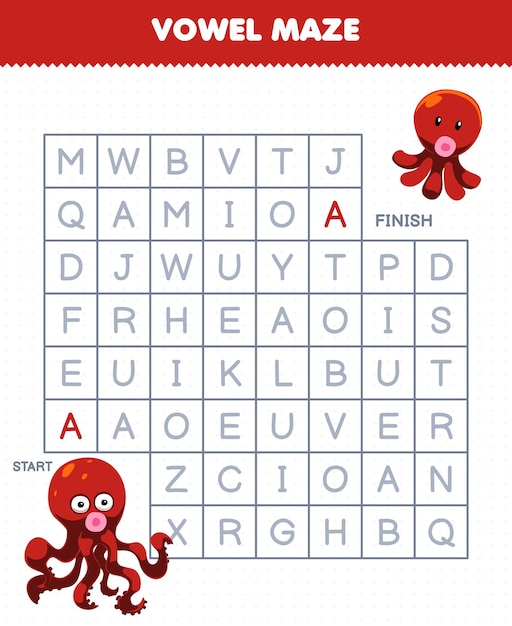 Education game for children vowel maze help cute cartoon octopus move to baby octopus printable underwater worksheet