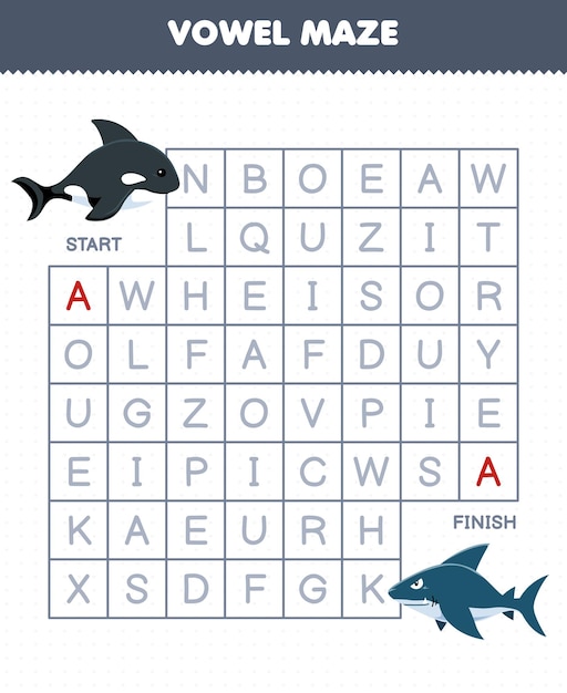 子供のための教育ゲーム 母音の迷路は、かわいい漫画のシャチがサメに移動するのに役立ちます 印刷可能な水中ワークシート