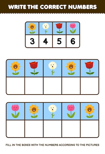 아이들을 위한 교육 게임은 인쇄 가능한 자연 워크시트에 있는 귀여운 꽃 그림에 따라 상자에 올바른 숫자를 씁니다.