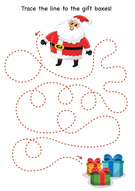 Vector education game for childrenhandwriting practice trace the lines help the santa claus move to gifts