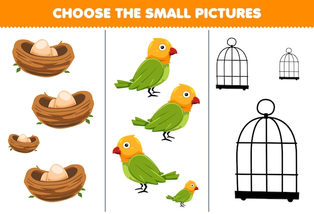 Gioco di istruzione scegliere la piccola immagine di cartoon carino nido di uccello e gabbia stampabile foglio di lavoro per animali domestici