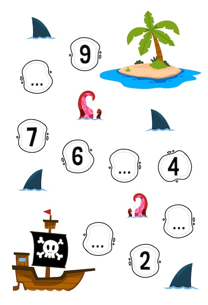 Education game for complete the sequence of number with cute cartoon ship around the island picture printable pirate worksheet