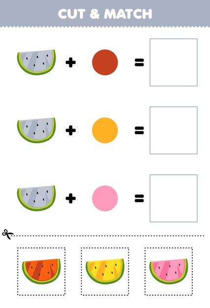 Вектор Образовательная игра разрезать и соответствовать комбинации цвета милого мультфильма арбуза печатный фрукт рабочий лист