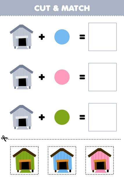 Gioco di educazione tagliare e abbinare il colore della combinazione di un carino pollaio immagine stampabile foglio di lavoro della fattoria