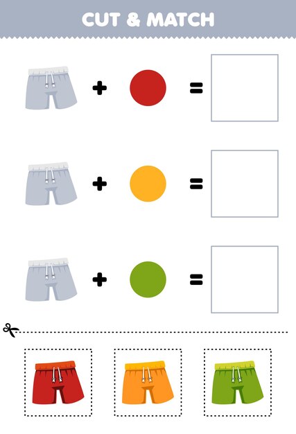 Gioco di educazione taglio e corrispondenza combinazione colore di pantaloni carini foglio di lavoro di abbigliamento stampabile