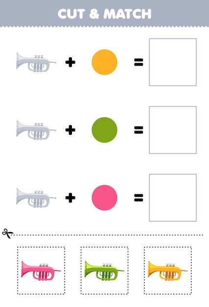 Gioco di educazione tagliare e abbinare la combinazione di colori di tromba carina foglio di lavoro di strumento musicale stampabile