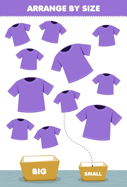 Образовательная игра для детей, упорядочите по размеру, большой или маленький, положите его в коробку, мультяшную одежду, фиолетовую футболку, картинки
