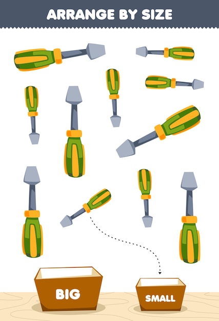 Вектор Образовательная игра для детей, упорядочите по размеру, большой или маленький, положите его в коробку с милым мультяшным изображением отвертки, рабочий лист для печати