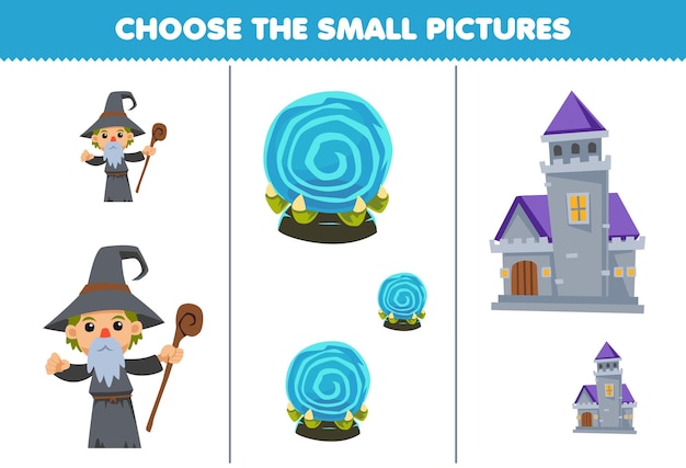 Образовательная игра для детей: выберите маленькую картинку милого мультяшного волшебника замка волшебной сферы, которую можно распечатать на хэллоуин.