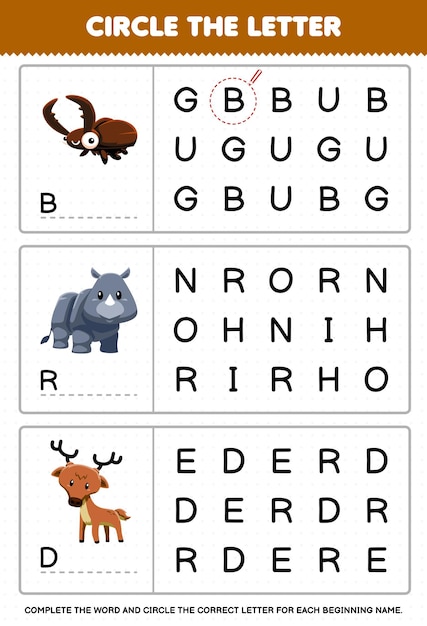 子供のための教育ゲームは、かわいい漫画のバグ サイ鹿印刷可能な動物ワークシートからの最初の手紙を丸で囲みます
