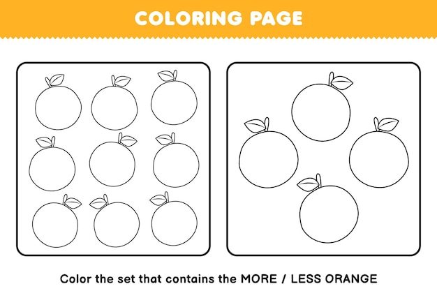 만화 오렌지 과일 라인 아트 세트 인쇄용 워크 시트의 페이지를 색칠하는 어린이를위한 교육 게임