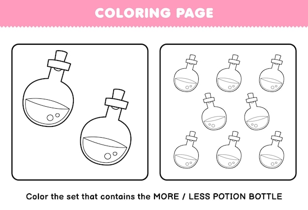귀여운 만화 물약 병 라인 아트 세트 할로윈 인쇄용 워크 시트의 페이지를 색칠하는 어린이를위한 교육 게임