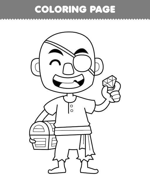 宝箱ライン アート印刷可能な海賊ワークシートを保持しているかわいい漫画ハゲ男のページを着色子供のための教育ゲーム