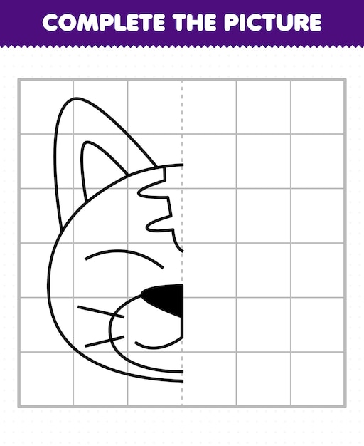 子供のための教育ゲームは、絵を描くためのかわいい猫の頭の半分の輪郭を完成させます