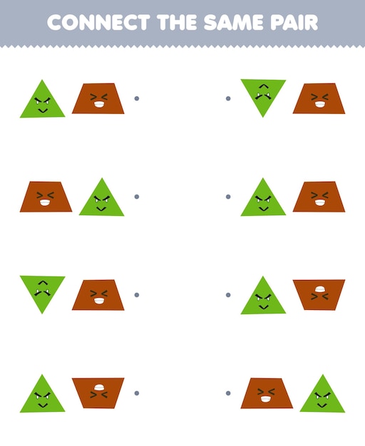 어린이를 위한 교육 게임은 귀여운 만화 삼각형과 사다리꼴 쌍 인쇄 가능한 기하학적 모양 워크시트의 동일한 그림을 연결합니다.