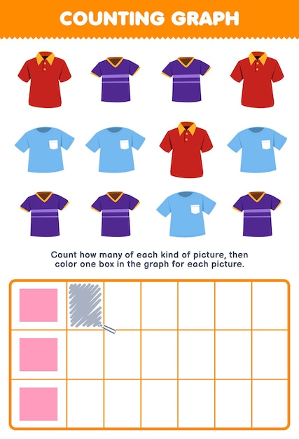어린이를 위한 교육 게임은 귀여운 만화 저지와 폴로 셔츠의 수를 세고 그래프 인쇄 가능한 웨어러블 의류 워크시트에서 상자를 색칠합니다.