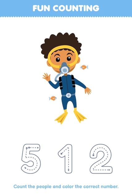 어린이를 위한 교육 게임은 귀여운 만화 다이버 인쇄 가능한 직업 워크시트에서 그림을 세고 정확한 숫자를 색칠합니다.