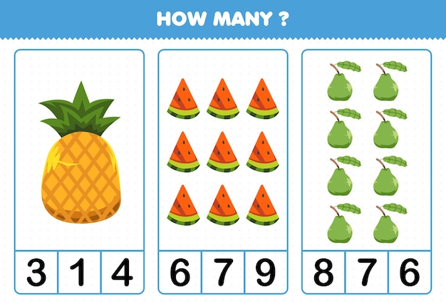 얼마나 많은 만화 과일 파인애플 수박 구아바를 세는 어린이를위한 교육 게임