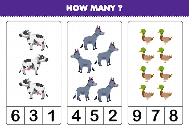 Образовательная игра для детей, подсчитывающая, сколько милых мультяшных коров, осликов, уток, лист для печати на ферме