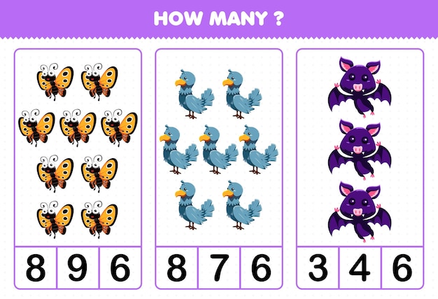 かわいい漫画のハエの動物の蝶の鳩のバットの数を数える子供のための教育ゲーム