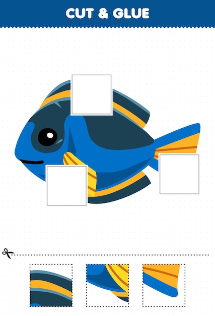 Образовательная игра для детей: вырежьте и склейте вырезанные части милой мультяшной синей рыбки и склейте их. лист для печати под водой