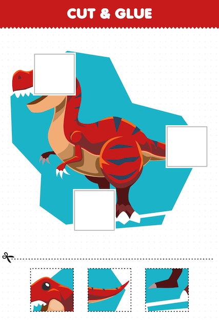 어린이를 위한 교육 게임은 귀여운 만화 선사 시대 공룡 티라노사우루스의 일부를 잘라서 붙이고 인쇄용 워크시트에 붙입니다.