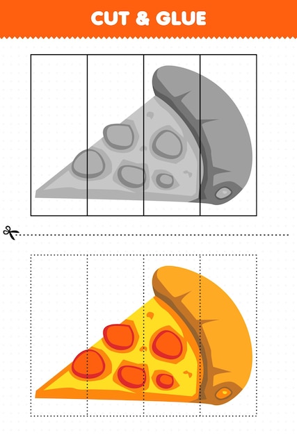 漫画の食べ物のピザでカットして接着する子供のための教育ゲーム
